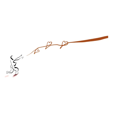 A figure running toward a red thread looped with hearts