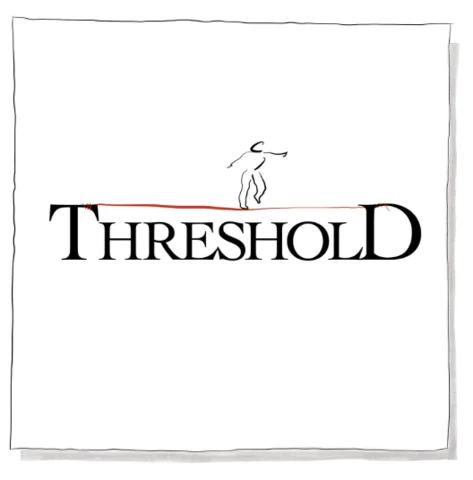 A figure stepping out along a red thread above the word THRESHOLD