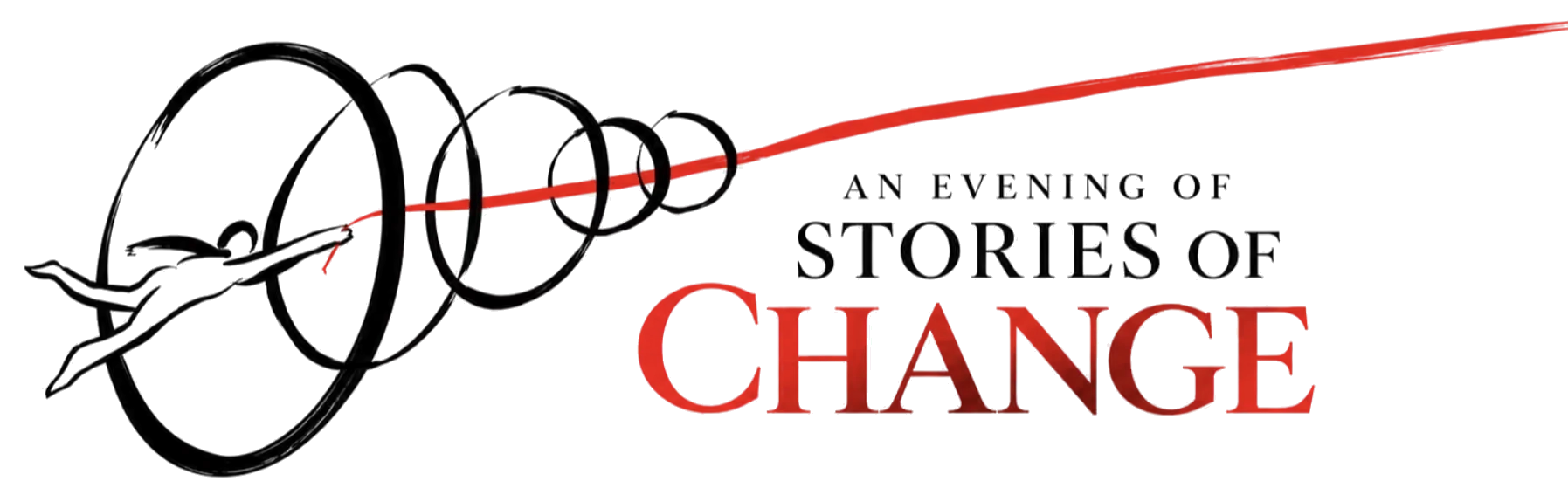 An Evening of Stories of Change. Illustration by Mark Smith: a figure flies through rings, holding a red thread.