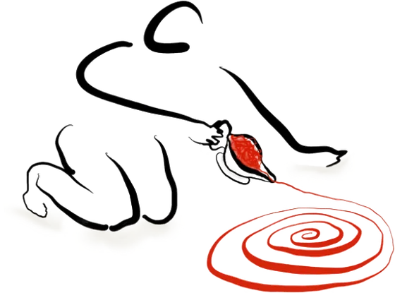 An illustrated figure drawing a red spiral by hand