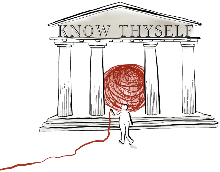 An illustrated figure with a red thread unspooling from the heart