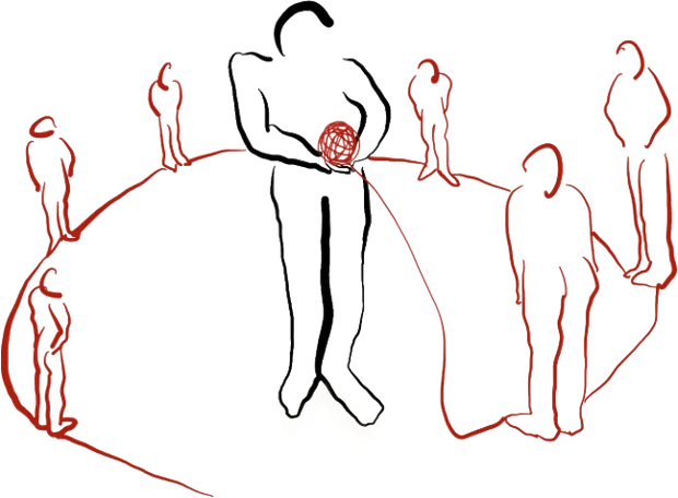 An illustrated figure holding a ball of red thread, encircled by a ring of figures
