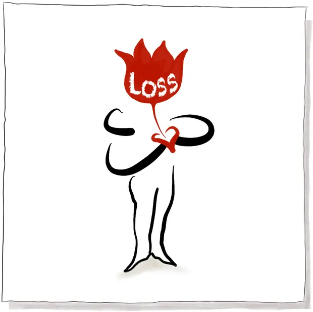Loss — a figure holding a red bloom to their heart, marked LOSS