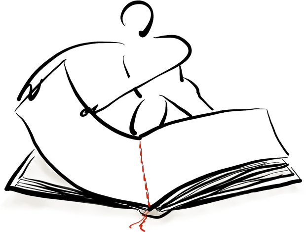 An illustrated figure seated on an open book, a red thread running down the spine