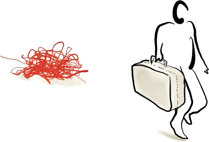 An illustrated figure walking on with a suitcase, a tangle of red thread left behind
