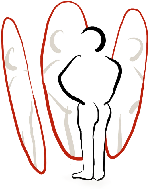 An illustrated figure standing before three red reflections of itself