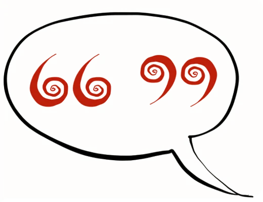 A speech bubble holding a pair of red spiral quotation marks
