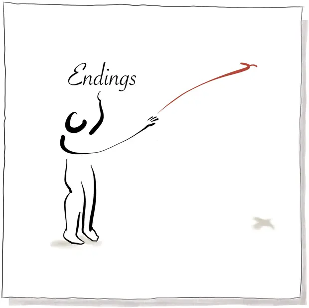 Endings — a figure releasing a red thread into the air, beside the word Endings