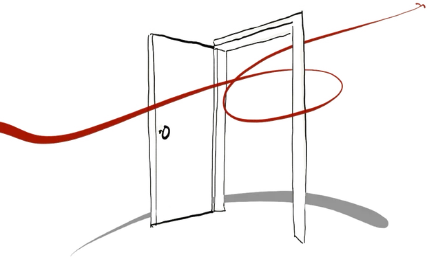An open door with a red thread looping through it
