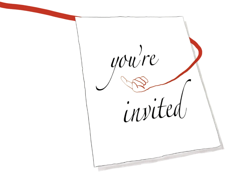 You're invited — a hand-lettered card on a red thread