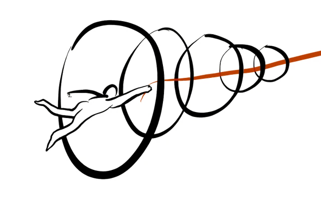 An illustrated figure diving through a receding spiral of rings along a red thread