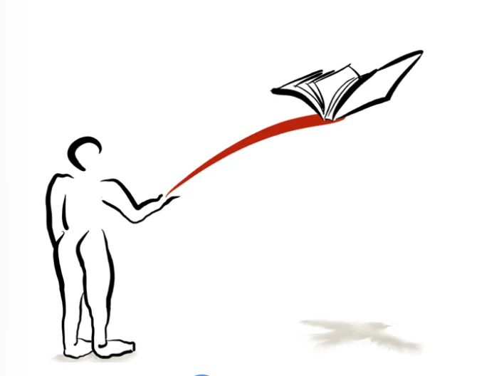 An illustrated figure releasing an open book that flies away on a red arc