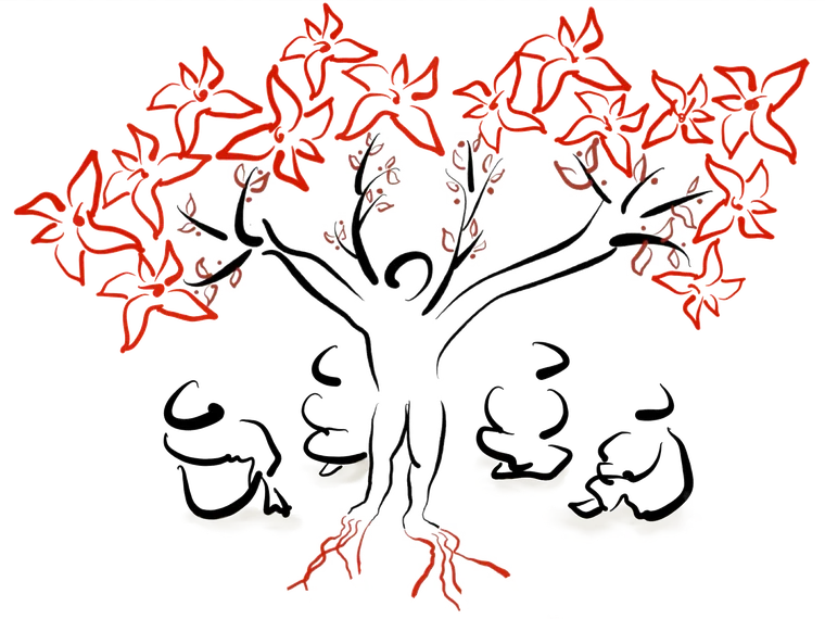 An illustrated tree in red bloom, with figures gathered in its shade
