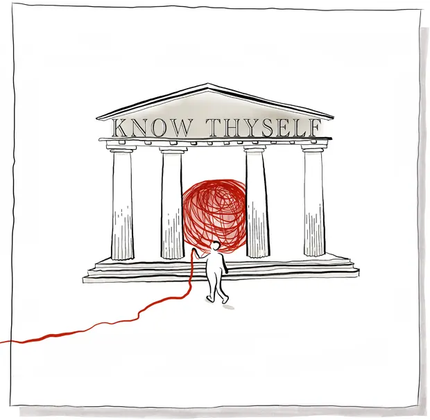 Know Thyself — a figure walking from a temple marked KNOW THYSELF with a ball of red thread