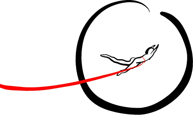An illustrated figure leaping through a circle, a red thread trailing behind