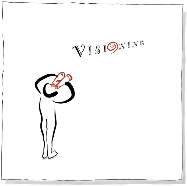 Visioning — a figure looking ahead through red binoculars, above the word VISIONING