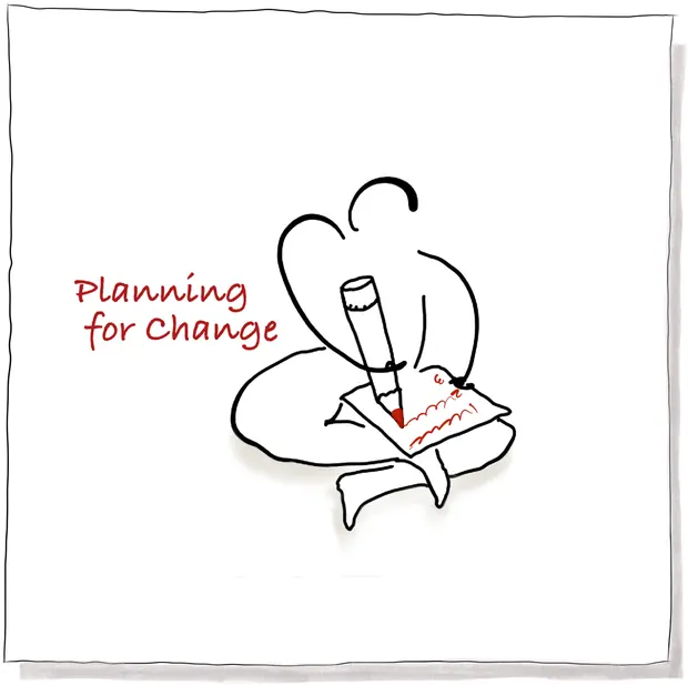 Planning for Change — a seated figure writing in red, beside the words Planning for Change