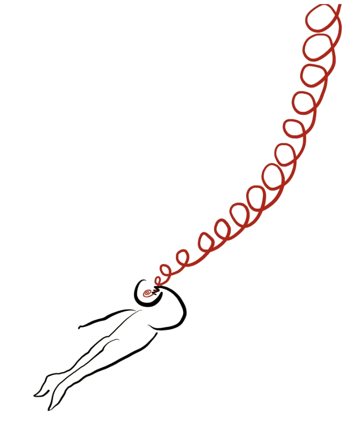 An illustrated figure lifted by a spiraling red thread