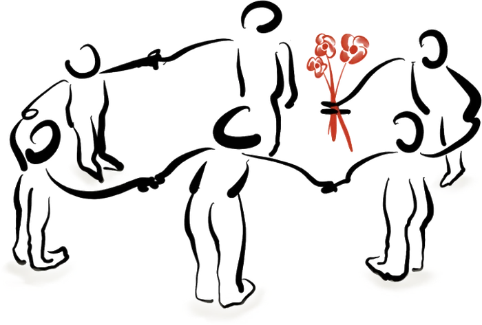 An illustrated circle of people holding hands, with red blooms at the centre