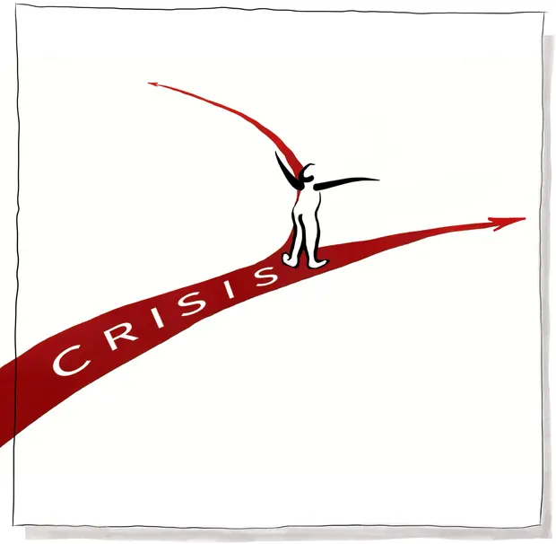 Crisis — a figure standing where a red road forks, marked CRISIS