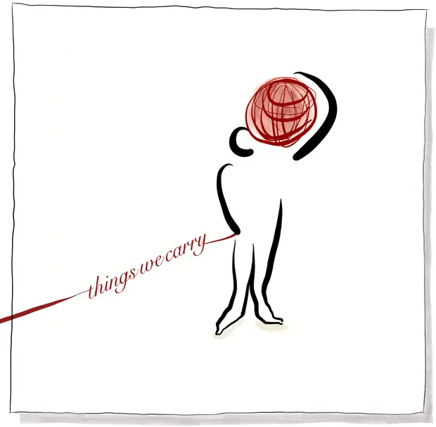 The Things We Carry — a figure balancing a tangled red ball overhead, above the words things we carry