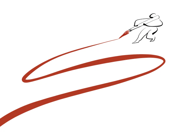 A figure running with a brush, painting a wide red loop behind them