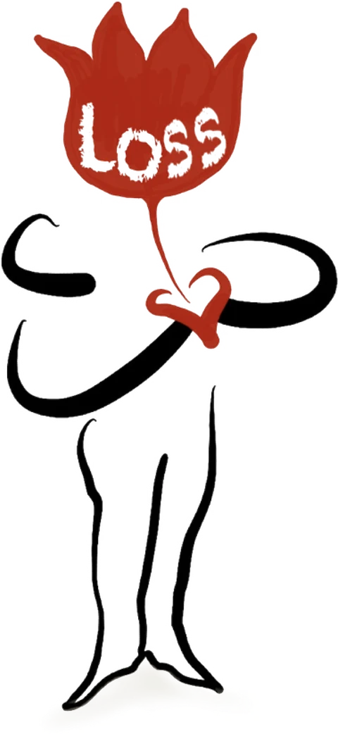 An illustrated figure holding a red bloom to their heart, above the word Loss