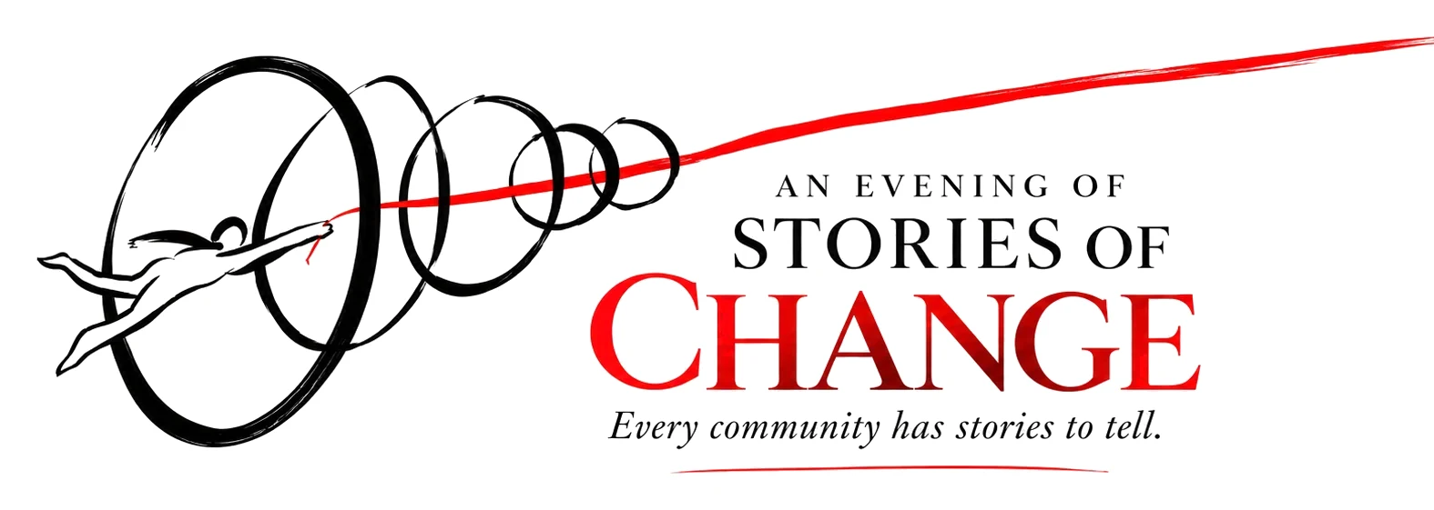 An Evening of Stories of Change — Every community has stories to tell. A figure diving through rings along a red thread.